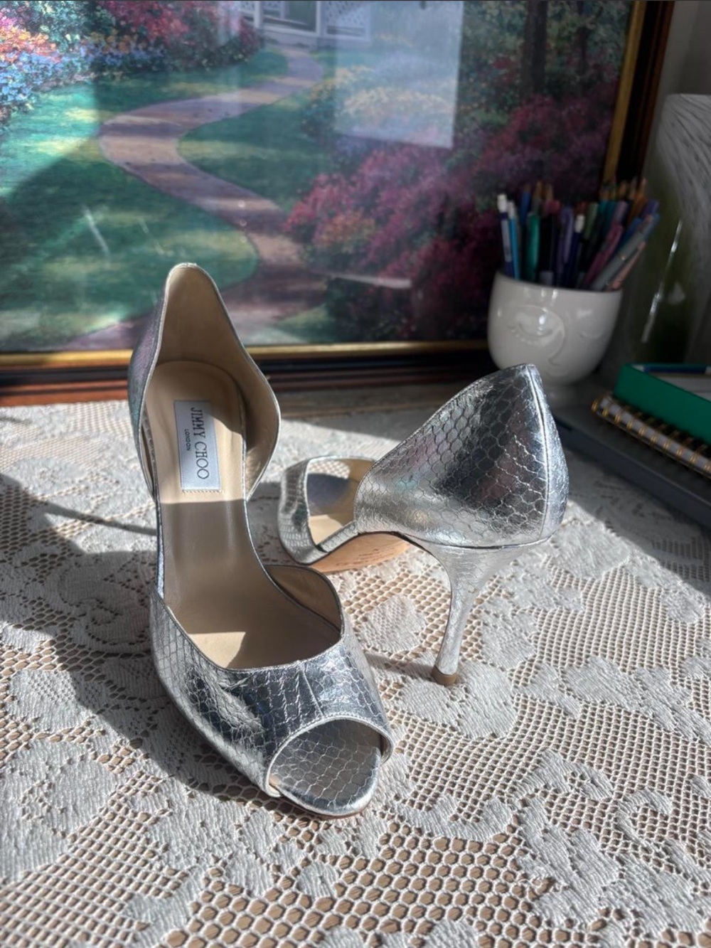 Jimmy Choo silver snakeskin pumps
